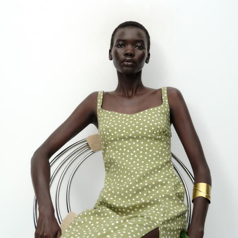 Zara Linen Blend Polka Dot Midi Dress XS Ecru Khaki Front Slit NWT Summer Party - Picture 4 of 14